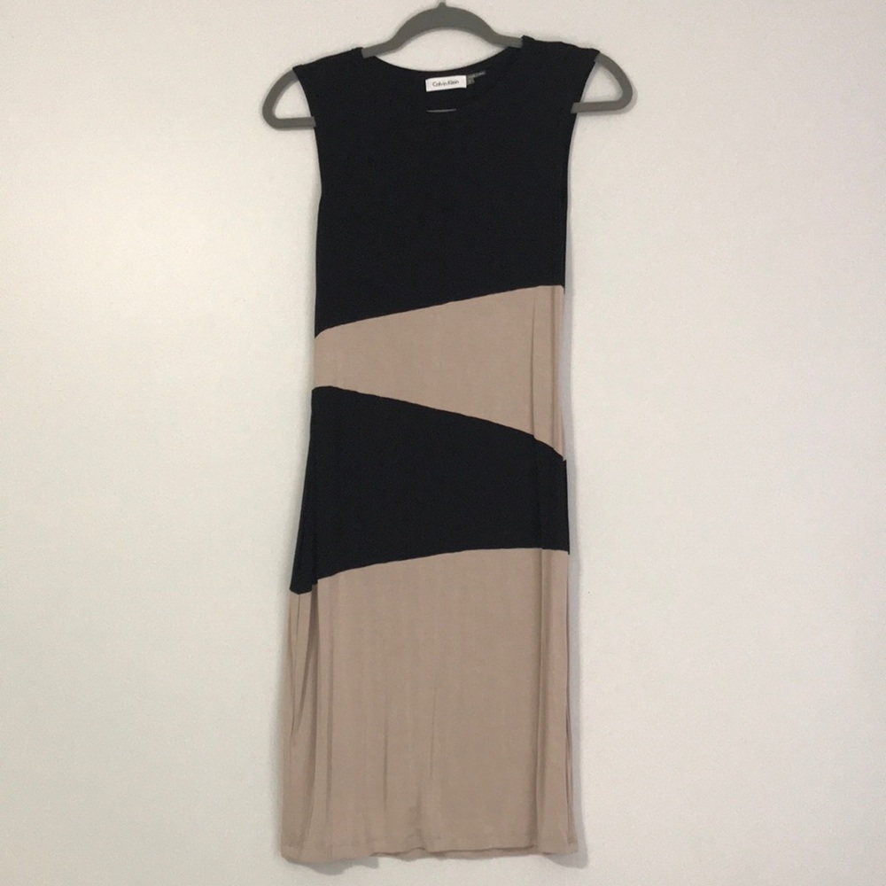 fitted tan and black Calvin Klein dress